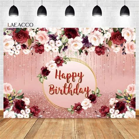 Burgundy Floral Happy Birthday Backdrop Rose Gold Glitter Bokeh Spots