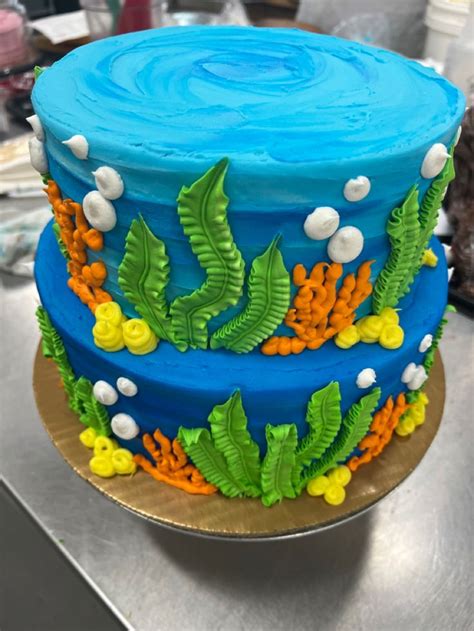 Under The Sea Two Tier Buttercream Cake In 2024 Ocean Birthday Cakes Ocean Cakes Finding