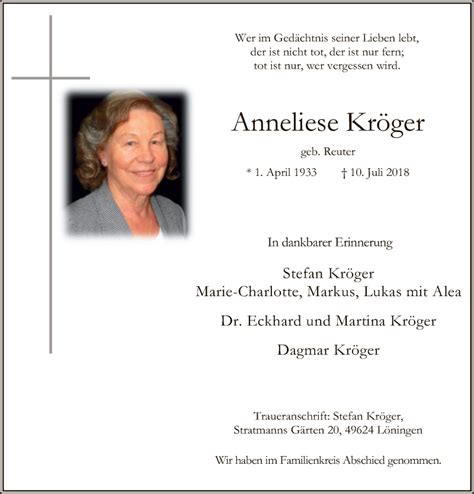 Traueranzeigen von Anneliese Kröger trauer kreiszeitung de