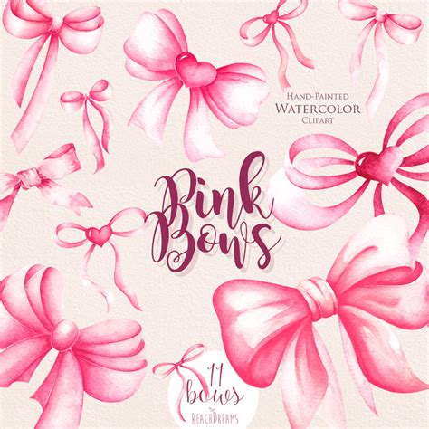 Pink Bows Watercolor Handpainted Clipart Silk Bow Romantic Etsy