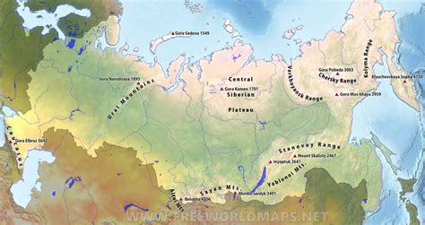 Ruso cordilleras mapa de Montañas en Rusia mapa (este de Europa - Europa)