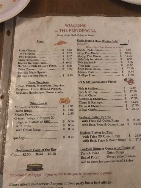 Menu At Ponderosa Restaurant Acushnet