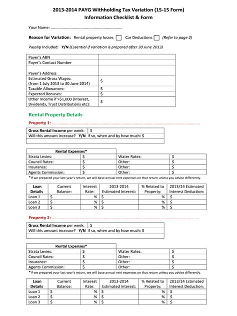 Fillable Online Payg Withholding Tax Variation Information