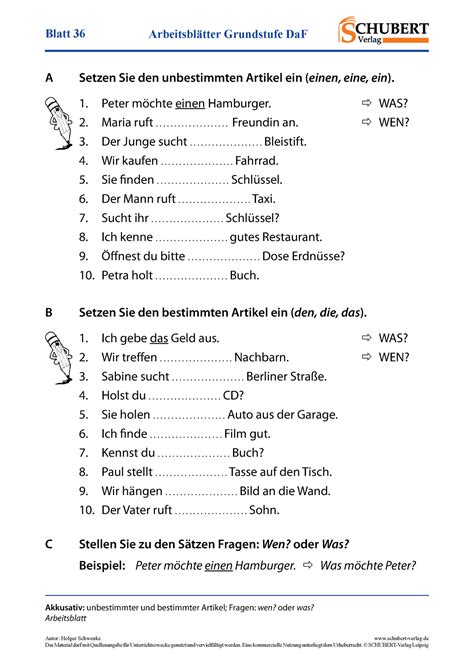 Akkusativ Bungsblatt Blatt Arbeitsbl Tter Grundstufe Daf Autor