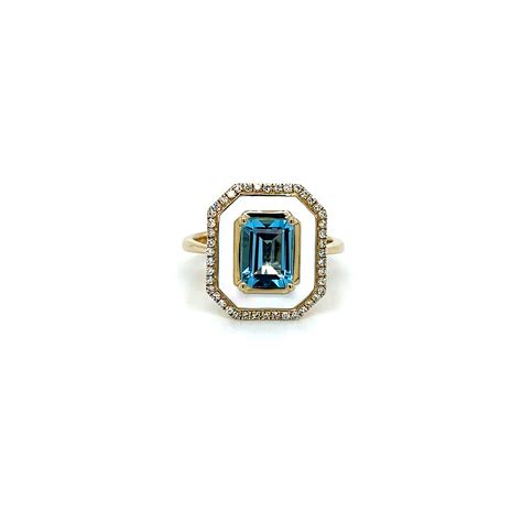 Blue Topaz Ring W Diamonds Enamel 14k Yellow Gold Kappys