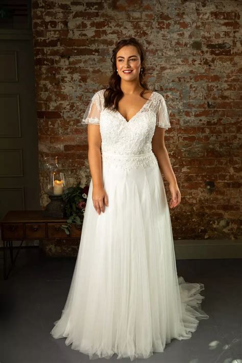 TC W372 Beaded Waterfall Sleeve Plus Size Wedding Dress True Curves