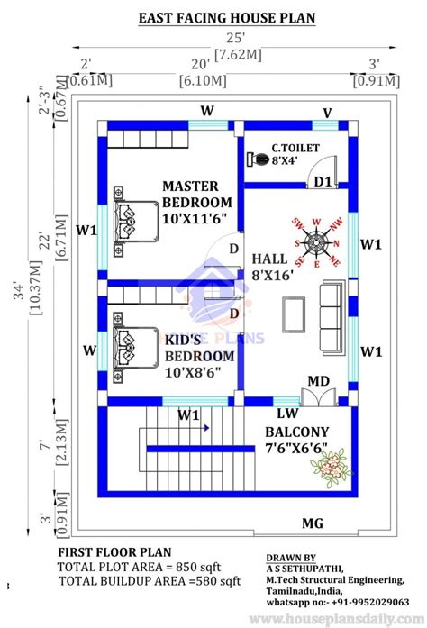 2 Bhk East Facing House Plan As Per Vastu 25x34 House Plan Design