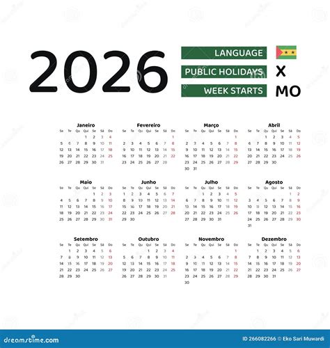 Calendar 2026 Portuguese Language with Sao Tome and Principe Public