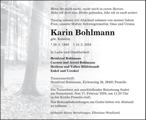 Das Trauerportal F R L Chow Dannenberg Todesanzeigen Karin Bohlmann