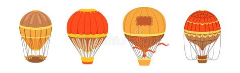 Red Hot Air Balloon With Basket And Ropes Vector Set Stock Illustration Illustration Of