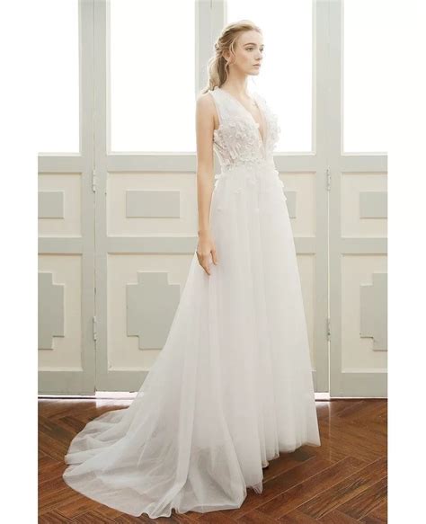 A Line Simple Boho Wedding Dress Deep V Neck Sweep Train Tulle With Open Back Df06 159