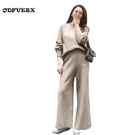 High Quality Women Knit Sweaters Wide Leg Pants Suit Fall And Winter