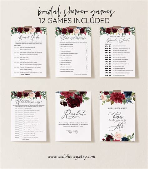 Burgundy Floral Bridal Shower Games Bundle Merlot Floral Package