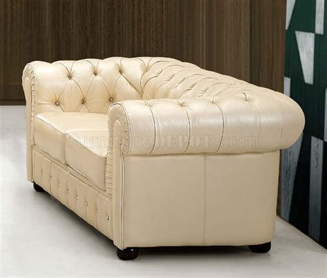 Light Beige Genuine Tufted Leather Formal Living Room Sofa