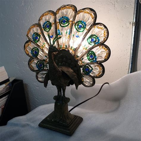 Art Deco Czech Bronze And Crystal Beaded Peacock Table Lamp For Sale At 1stdibs Peacock Lamps