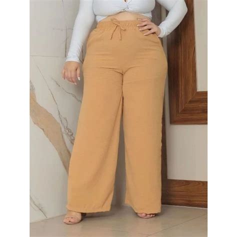 Calça Pantalona Plus Size Feminina Elástico Na Cintura Bolso