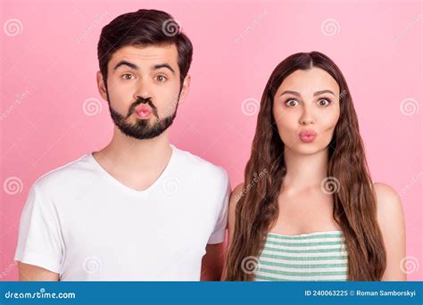 Photo Of Affectionate Lover Couple Send Air Kiss Look Camera Wear