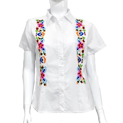 Blusa Blanca De Manga Corta Con Bordados De Flores En L Neas Vertical