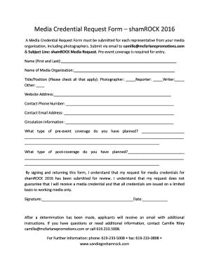 Fillable Online Media Credential Request Form ShamROCK 2016 Fax Email