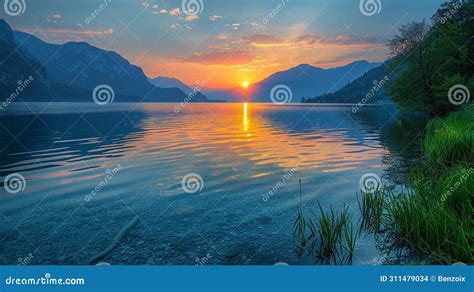 Dramatic Sunset Over Pristine Lake Stock Photo Image Of Pristine