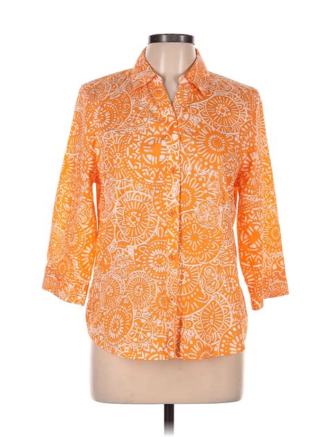 Chicos 100 Cotton Orange 3 4 Sleeve Button Down Shirt Size Med 1