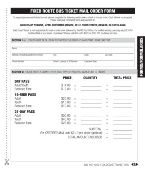 Fillable Online Goldcoasttransit FIXED ROUTE BUS TICKET MAIL ORDER FORM