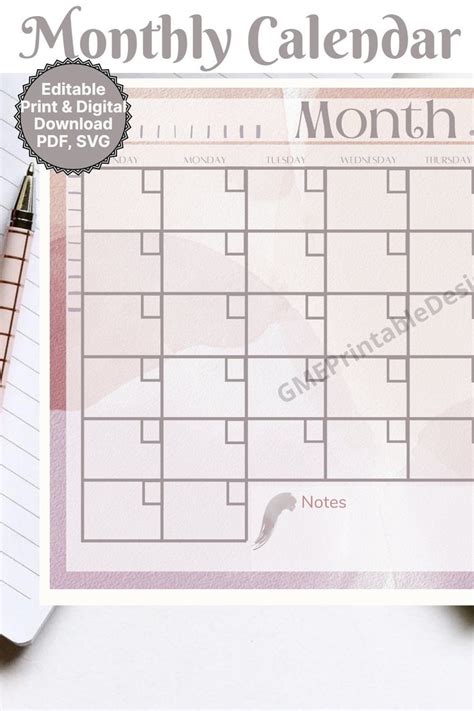 Editable Monthly Calendar Template, Printable Calendar, Digital ...