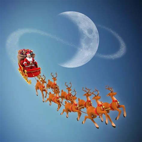 Christmas Night Scene Santa Claus Rides Reindeer Sleigh In Front Of