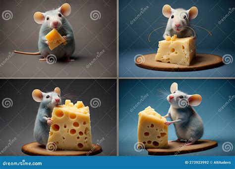 Series Of Photos Showing Cute Mouse Enjoying A Variety Of Cheeses