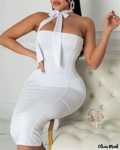 Olivia Mark Tie Neck Solid Backless Bodycon Dress Backless Bodycon