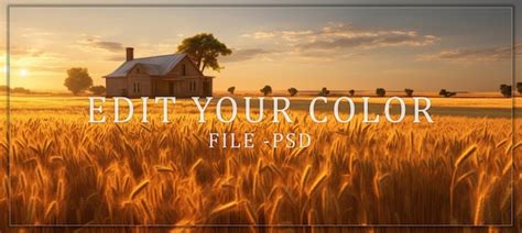 Premium Psd Golden Sunset Over A Wheat Field With A House