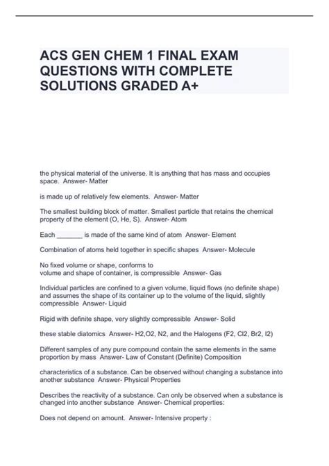 Acs Gen Chem 1 Final Exam Questions With Complete Solutions Graded A