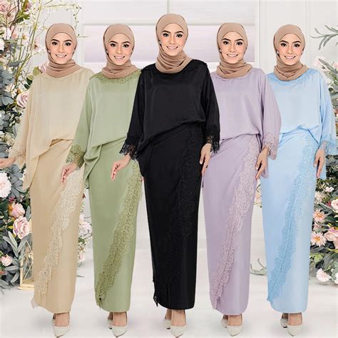 Lace Baju Kurung Moden Sulam Mini Kurung Satin Sejuk Selesa Overlap