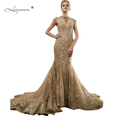 Leeymon Real Gold Mermaid Wedding Dress 2017 Open Back High Neck