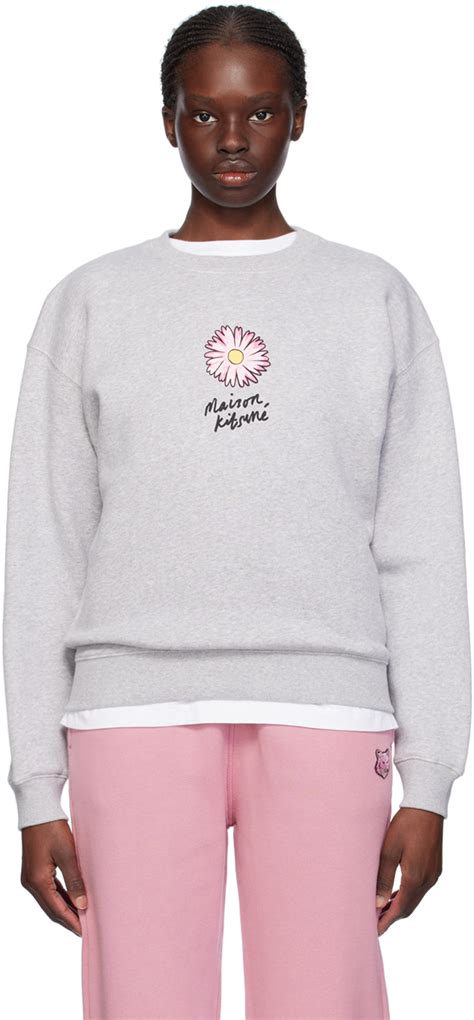 Pull Molletonn Gris Logo Floating Flower Maison Kitsun En Solde