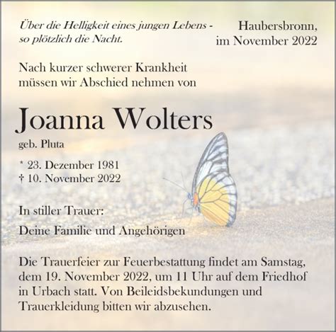 Traueranzeigen Von Joanna Wolters ZVW Trauer