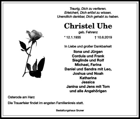 Traueranzeigen Von Christel Uhe Harztrauer De