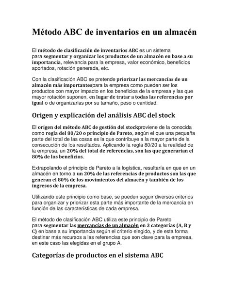 Documento Tarea Método Abc De Inventarios En Un Almacén El Método