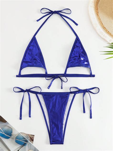 Shein Swim Sxy Metallic Halter Triangle Tie Side Bikini Swimsuit