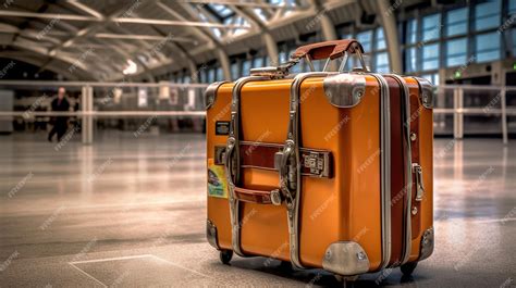 Premium Ai Image Orange Suitcase In Airport Terminal Travel Concept