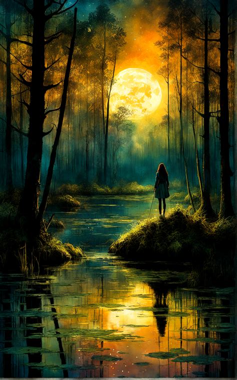 Night Scene In A Swamp Illuminated By An Eerie Glow Evoking The Styles