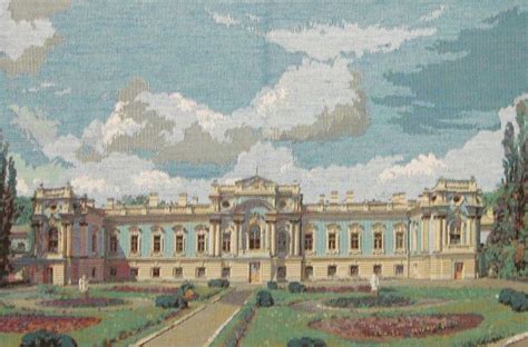 A Painting Of A Large Building With Trees And Flowers In The Foreground