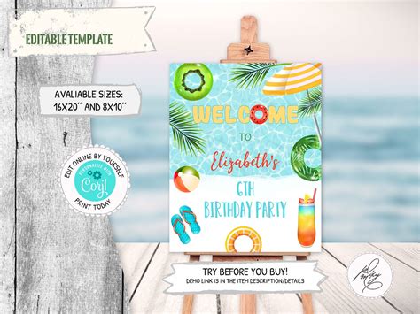 Editable Pool Party Birthday Welcome Sign Swimming Party Etsy