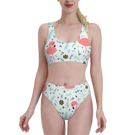 Adobk Cute Flamingo Print Women High Waisted Bikini Set Sports Swimsuit