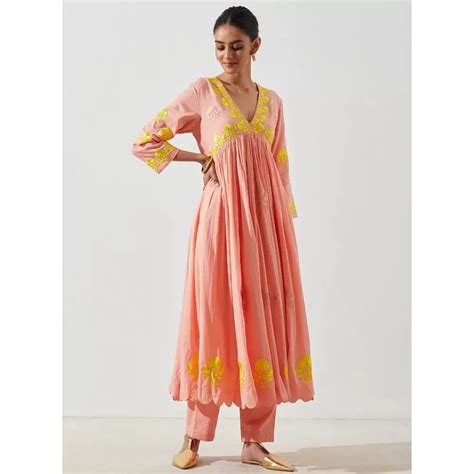 Alia Bhatt Peach Maslin Cotton Embroidered Designer Kurti Kurti