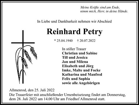 Traueranzeigen Von Reinhard Petry Vrm Trauer De