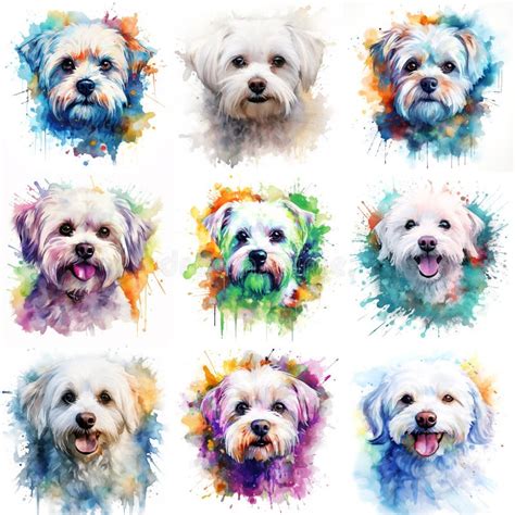 Set Of Dogs Breed Maltese Painted In Watercolor On A White Background