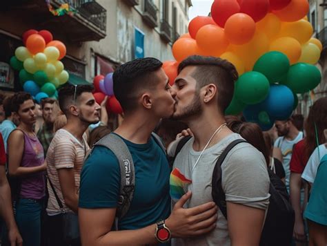 Dos hombres se besan en un desfile con globos arcoíris Foto Premium