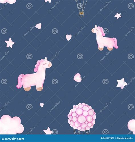 Watercolor Baby Seamless Pattern With Toy Pink Unicorn Hot Air Balloon