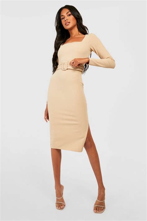 Long Sleeve Square Neck Belted Midi Dress Boohoo Usa